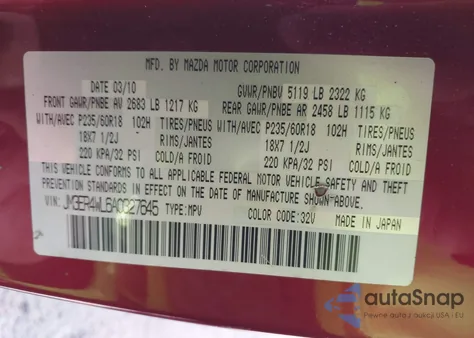 2010 Mazda Cx-7 S Touring z USA, uszkodzony, nr VIN JM3ER4WL6A0327645